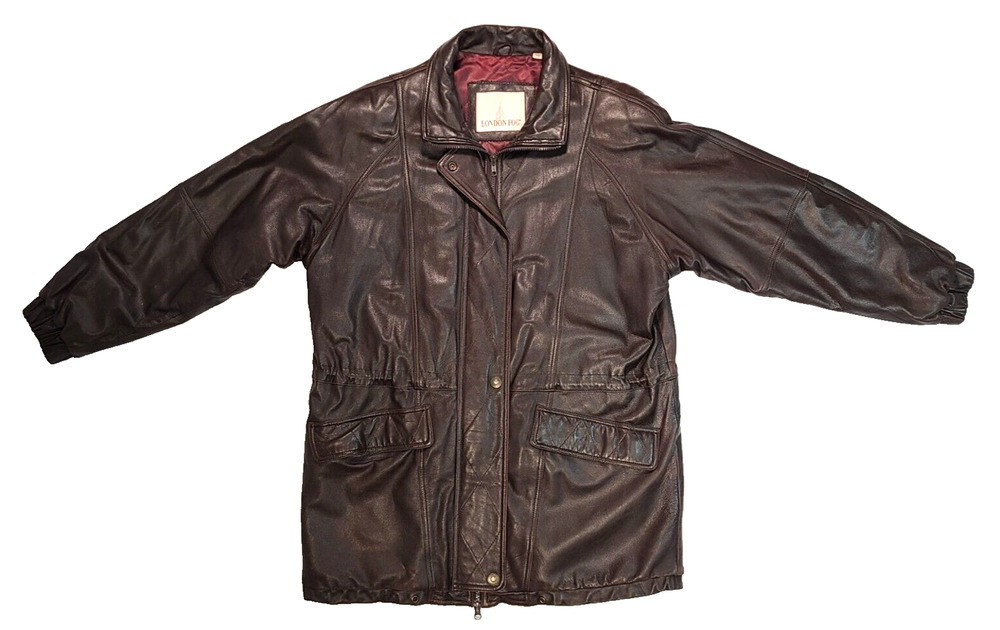 London Fog Men's Brown Soft Leather Overcoat Jacket Quilted Lining Size Large